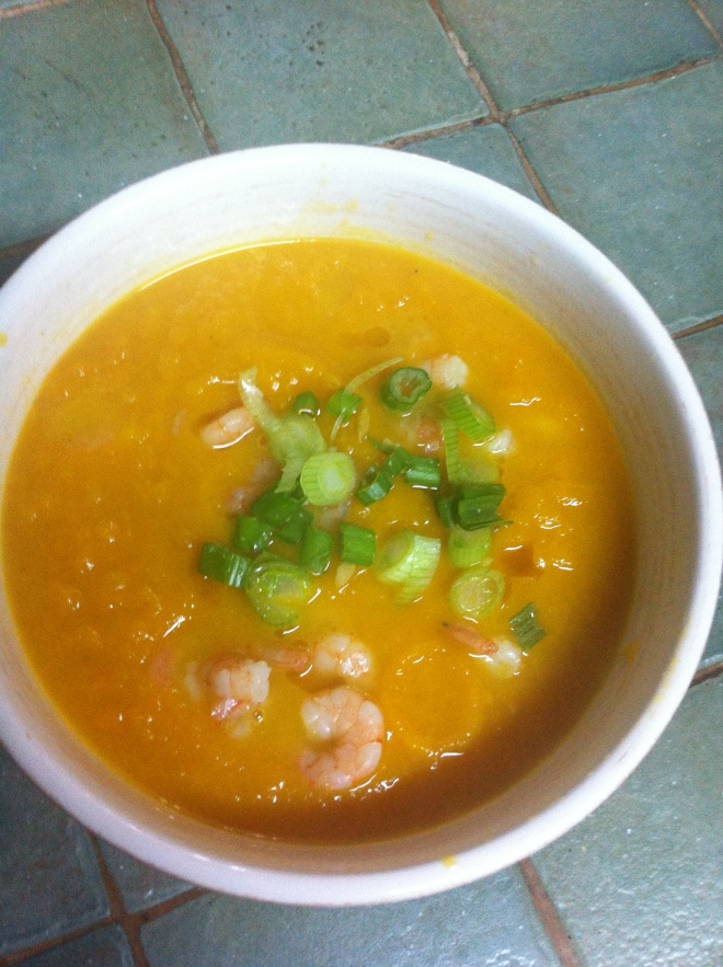 Pumpkin Soup with grilled prawns and a hint of miso and sesame flavour 