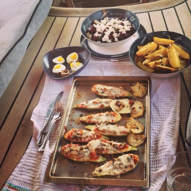 Beetroot-goat cheese salad, zucchini boats and rosemary potato wedges 